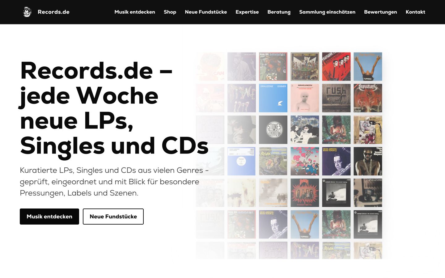 Startseite von Records.de mit Plattencovern und großem Katalog-Hinweis