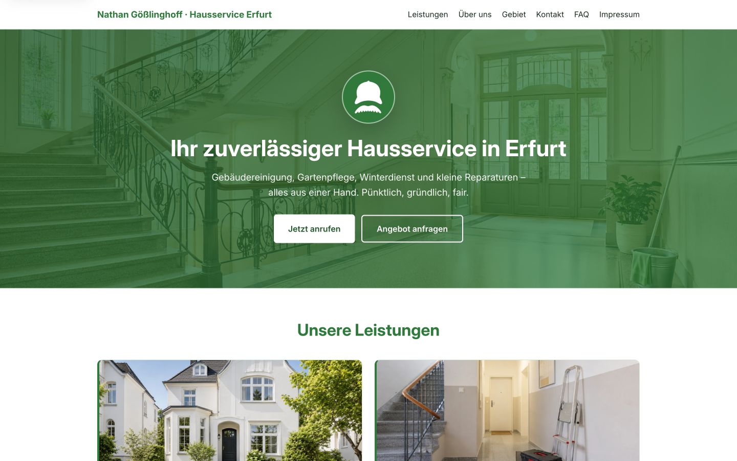Startseite von Erfurt Hausservice mit grüner Leistungsübersicht