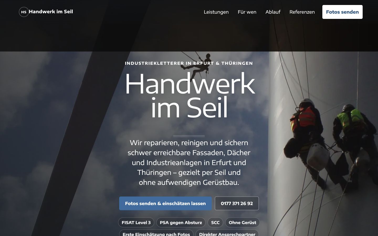 Startseite von Handwerk im Seil mit Industriekletterern an einer Fassade