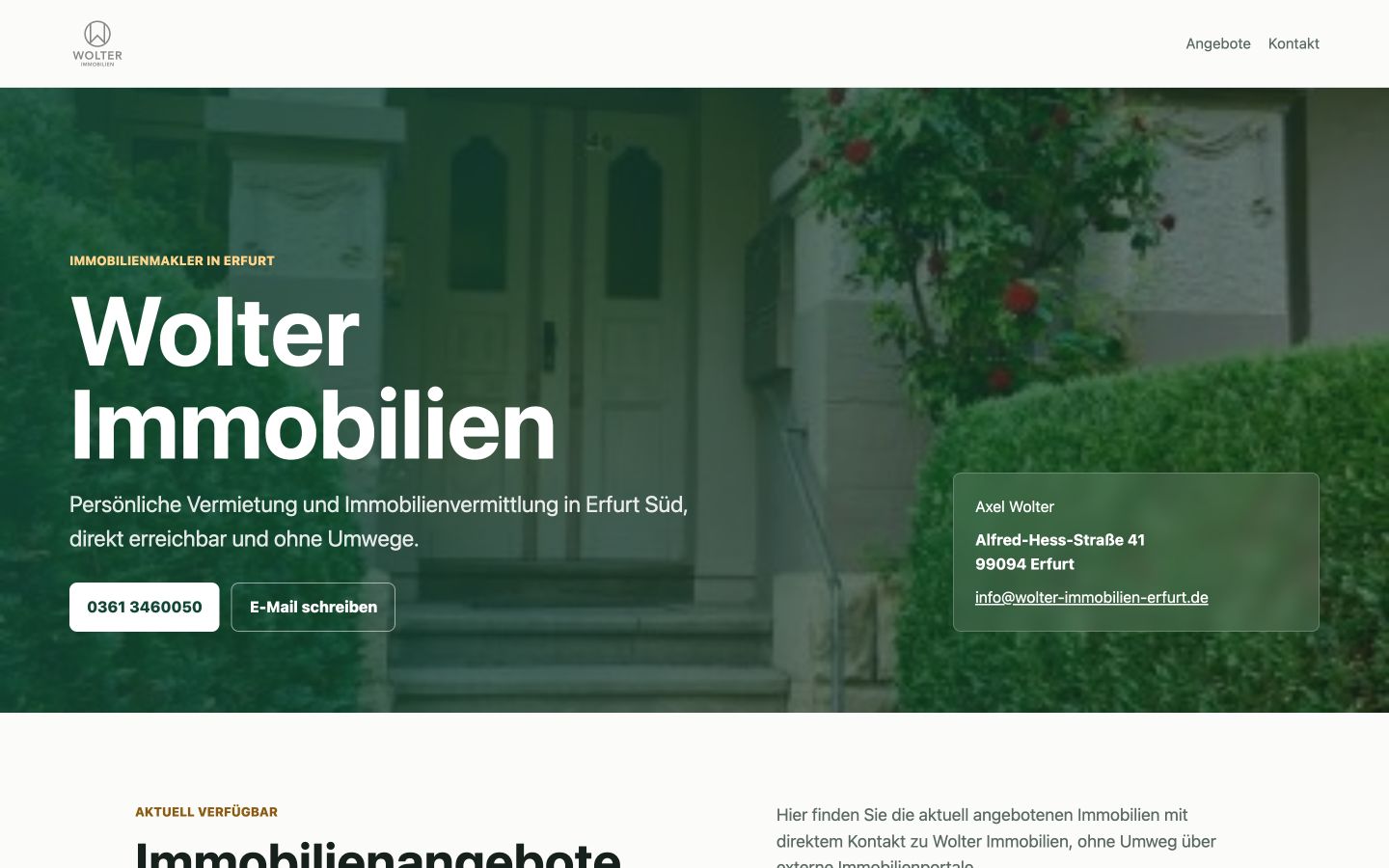 Startseite von Wolter Immobilien mit grüner Immobilienaufnahme